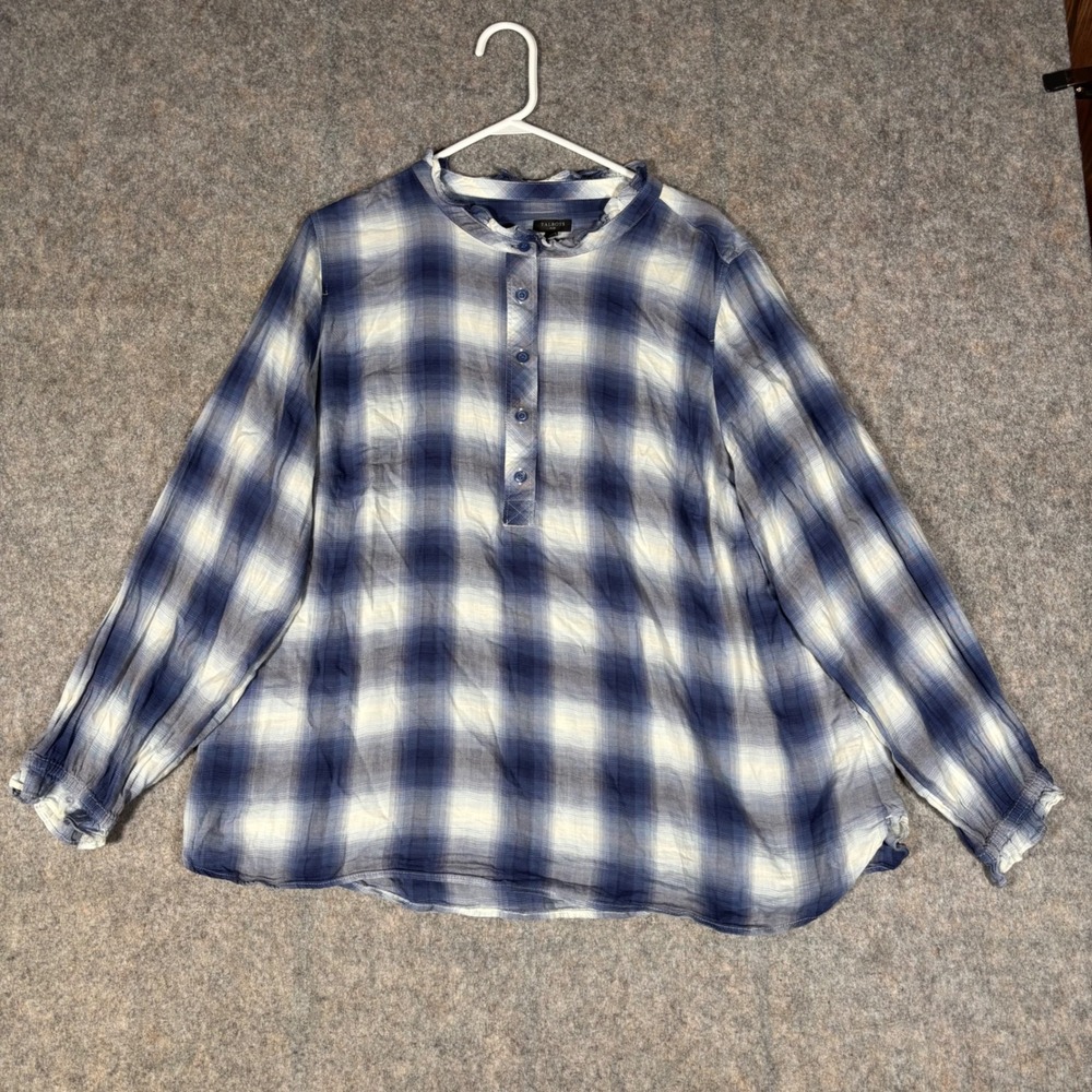 Talbots Plaid Popover Blouse Womens 2X Blue White Ruffle Collar Cotton Rayon Top